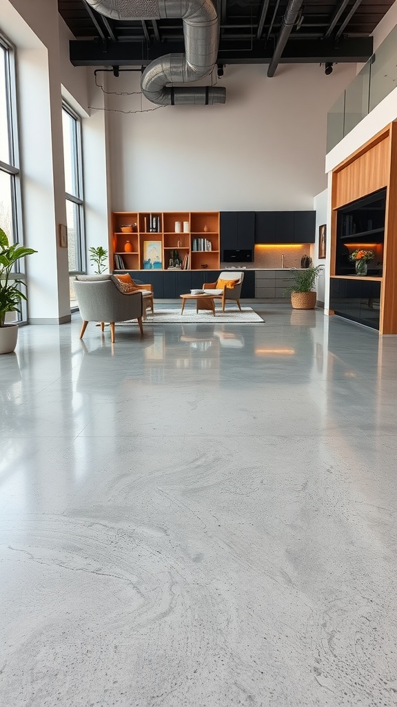 A modern living area with industrial concrete look epoxy flooring, featuring large windows and minimalist furniture.