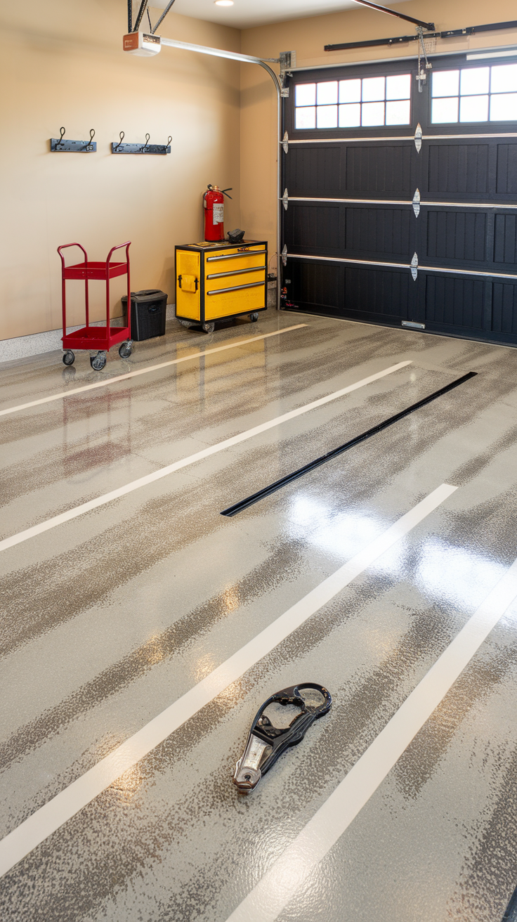 A garage featuring glossy epoxy flooring and industrial tools.