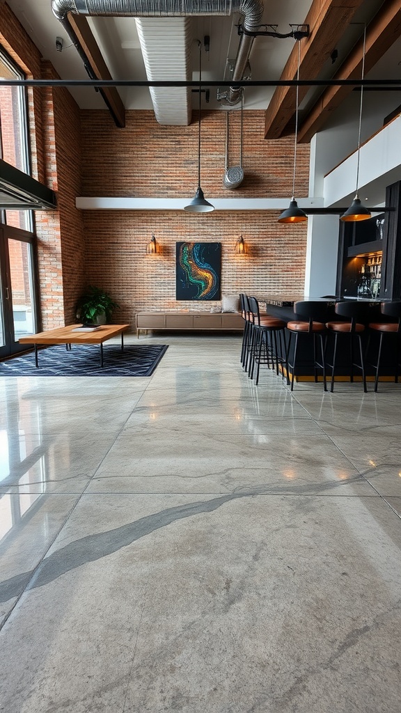 A modern industrial space featuring polished concrete floors, exposed brick walls, and wooden beams.