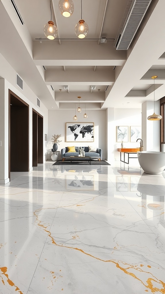 A modern living space with an industrial concrete look featuring polished epoxy floors and stylish decor.