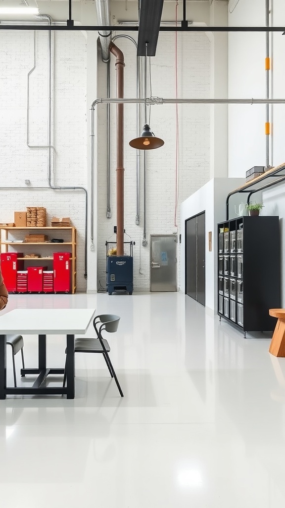 Stylish room with industrial concrete look epoxy floor, large windows, and modern furniture