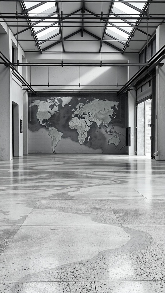 A spacious industrial room with a concrete-look epoxy floor and a world map mural on the wall