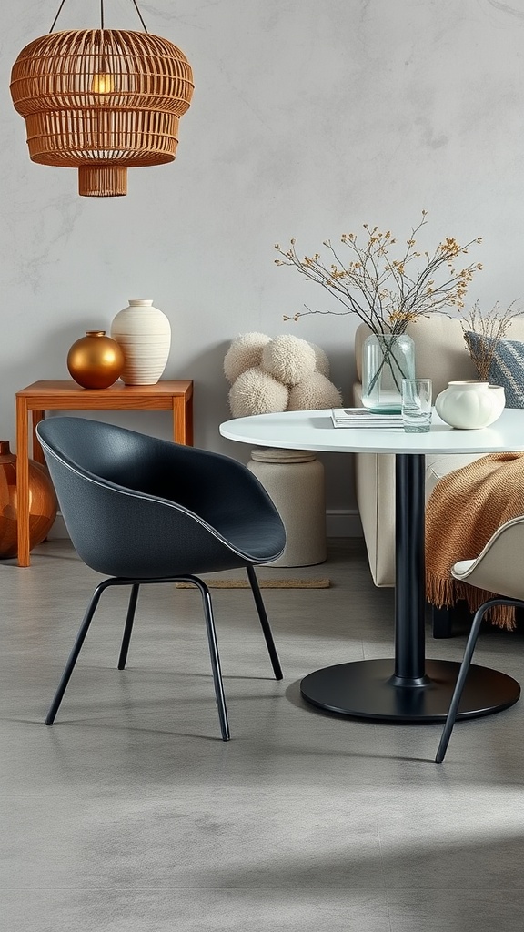A minimalist interior with a polished grey concrete floor and modern furnishings under soft lighting.