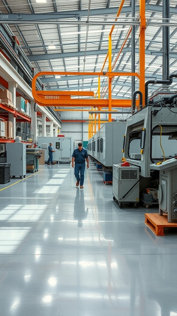 Industrial manufacturing facility with glossy epoxy flooring and workers