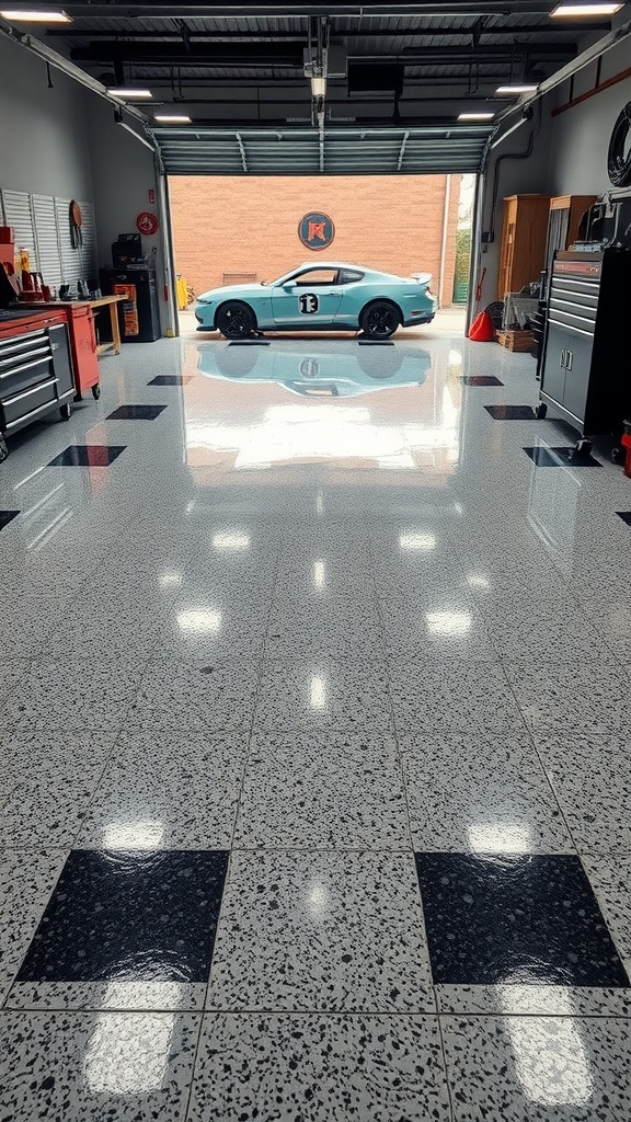 Garage with industrial gray epoxy floor and a blue sports car