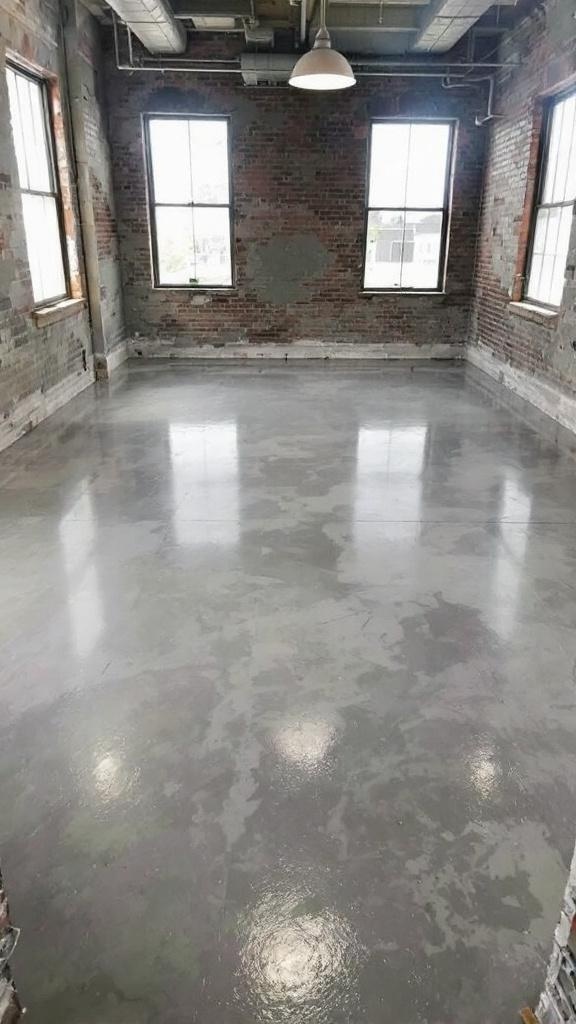A room with an industrial grey epoxy floor and exposed brick walls, showcasing a modern and sleek design.