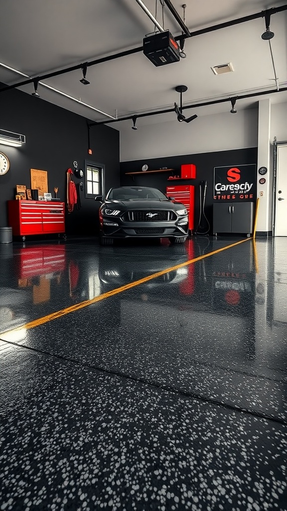 A modern garage with a shiny black epoxy floor featuring flakes, showcasing a sleek car and red storage units.