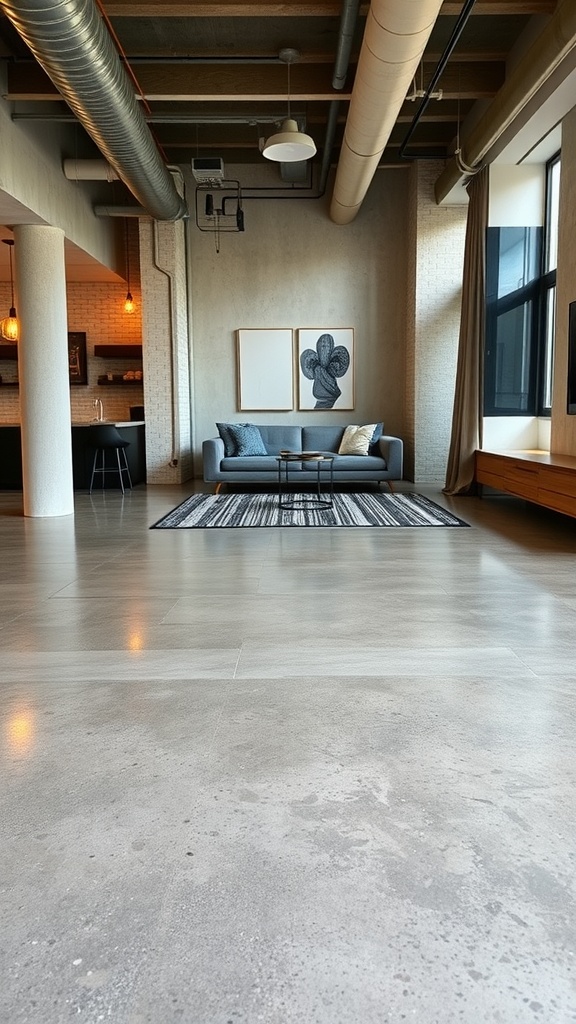 A modern living space featuring epoxy flooring and industrial decor.