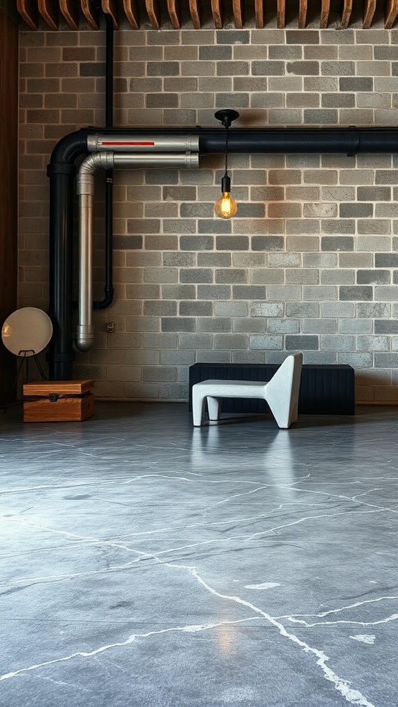 Interior view of a room showcasing industrial metallic epoxy flooring with a gray wall and lighting.