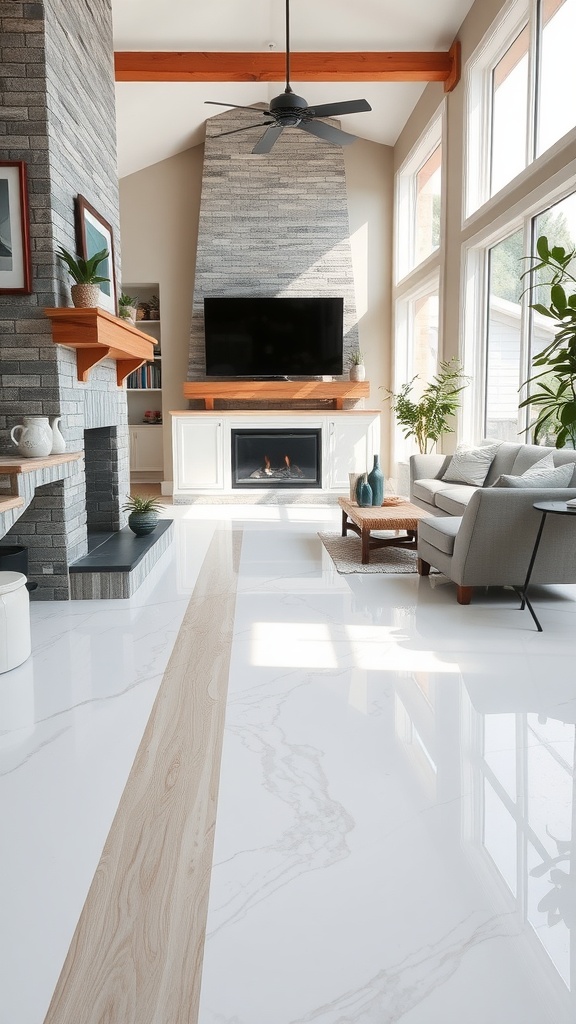 A modern living room featuring metallic epoxy flooring, wooden accents, and a stylish fireplace.