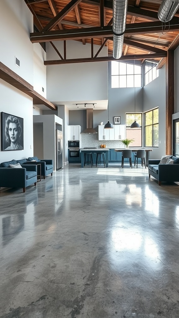 A spacious room with industrial-style decor, polished concrete floors, and large windows, showcasing a modern interior design.