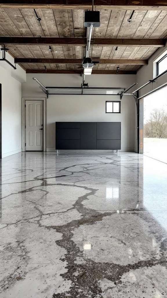 A modern garage featuring an industrial-style epoxy floor with a polished finish.