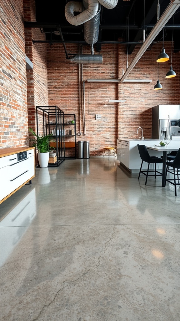 Stylish kitchen featuring industrial-style epoxy flooring and brick walls