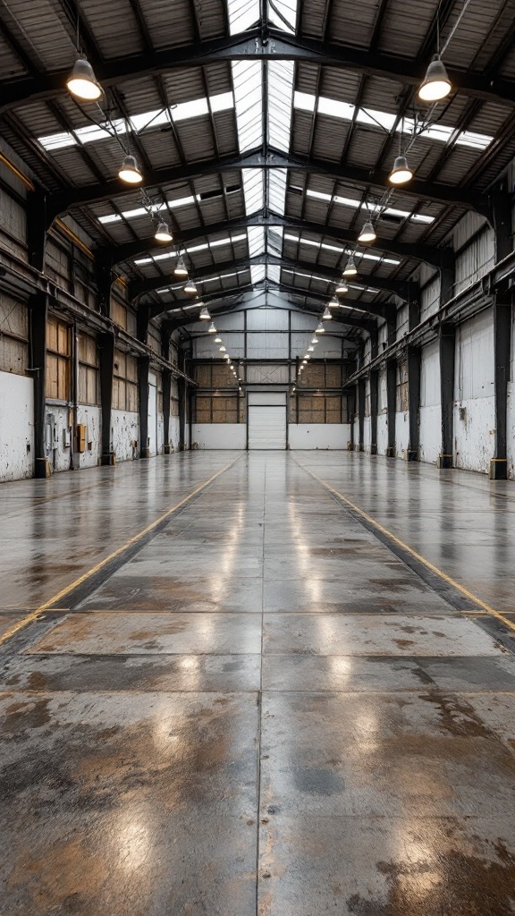 Interior of an industrial warehouse with polished concrete floors and high ceilings.