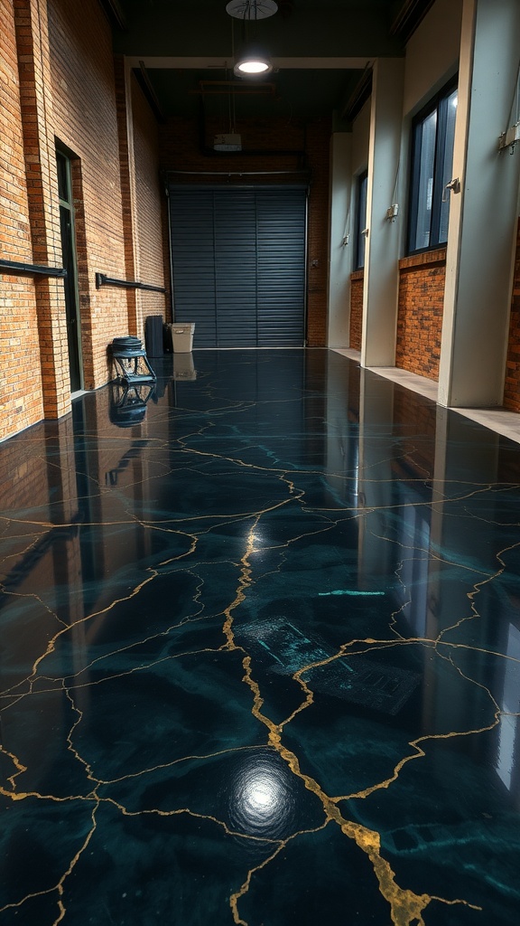 An industrial space featuring a metallic epoxy floor with gold veins on a dark surface.