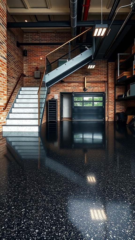 A modern garage featuring a black epoxy floor, stylish stairs, and brick walls.