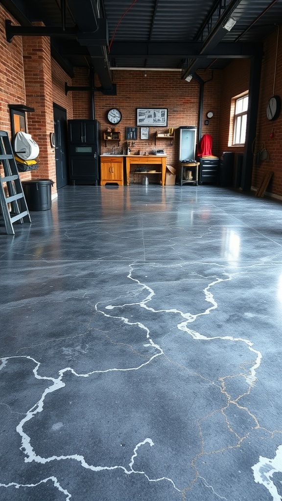 Industrial style epoxy flooring in a garage with a modern aesthetic.