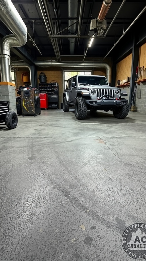 A stylish garage with a glossy epoxy floor featuring a unique swirl pattern and a logo.