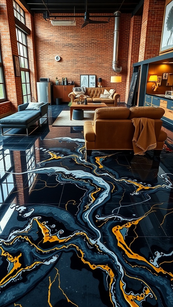 Industrial style living room with an artistic epoxy floor featuring blue and yellow patterns