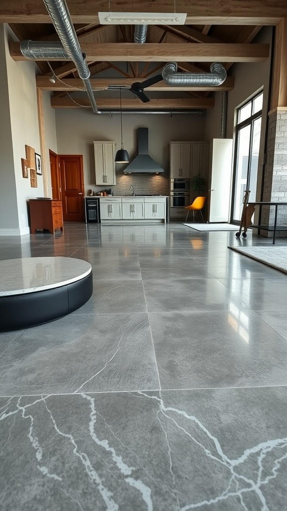 Sleek industrial-style interior showcasing epoxy floors in a kitchen.