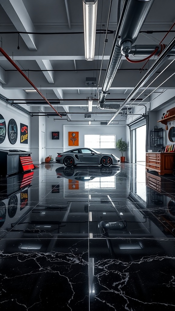A modern garage with a shiny black marble epoxy floor and stylish car.