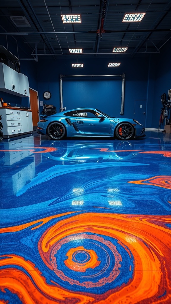 A garage featuring a metallic blue epoxy floor with orange swirls, showcasing a modern industrial style.