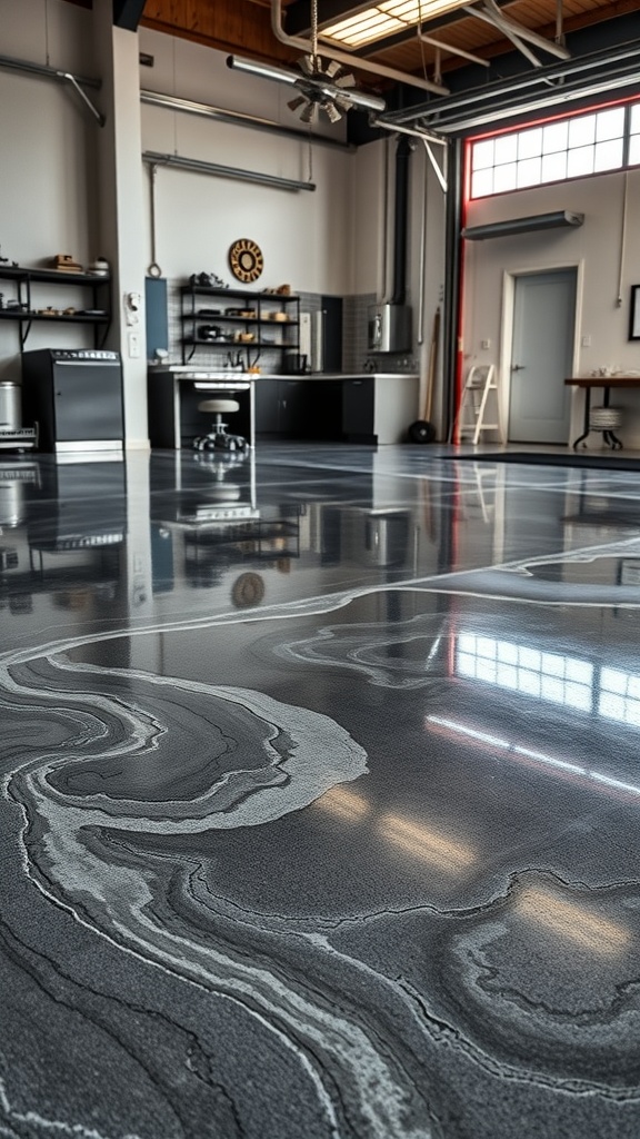 A polished concrete floor with a marbled epoxy design in an industrial-style garage.