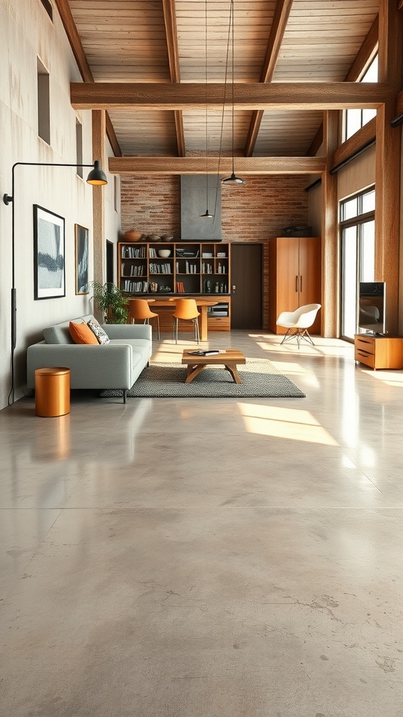 A modern living room with polished cement floors, tan hues, wooden beams, and a cozy setup.