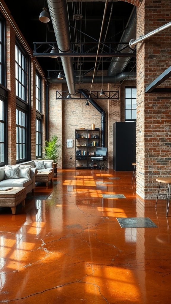 Industrial-style living space with a concrete-like epoxy floor, showcasing a modern aesthetic.