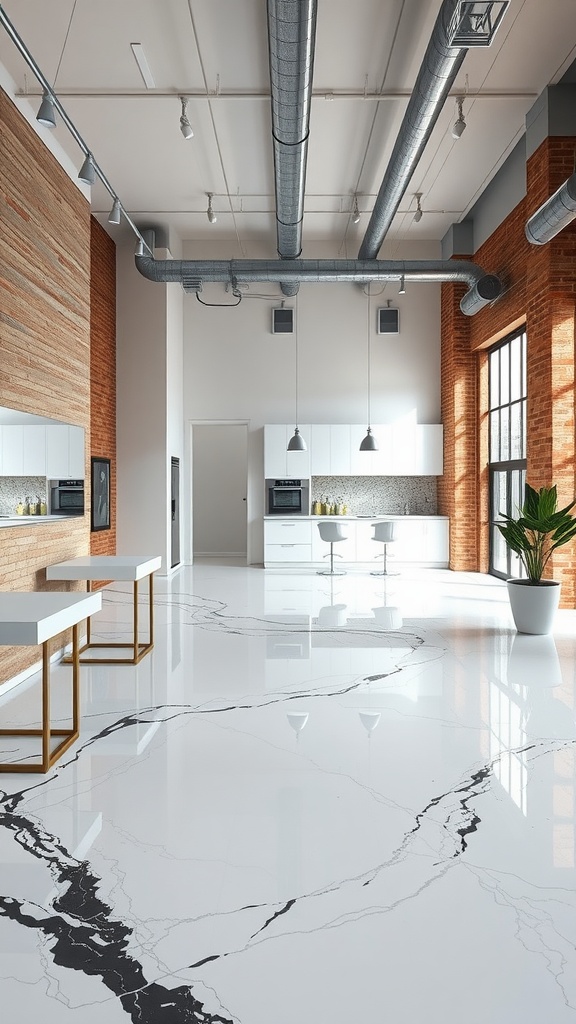 A modern industrial room with a marble-look epoxy floor, featuring wooden accents and large windows.