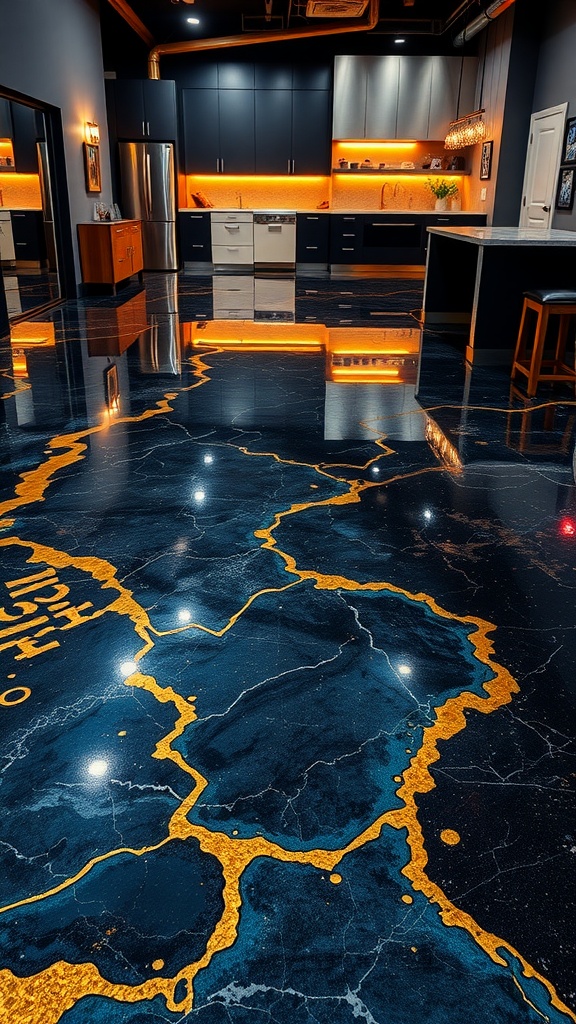 An industrial style kitchen featuring dark metallic epoxy flooring with gold veins.