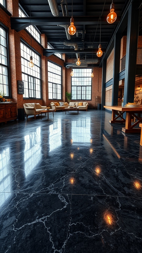 Interior space featuring industrial style with dark epoxy flooring, large windows, and minimalist furniture.
