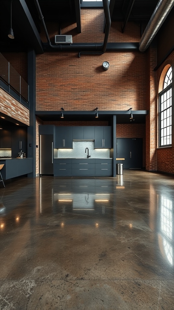 A modern kitchen featuring polished concrete epoxy floors and dark cabinetry in an industrial style.
