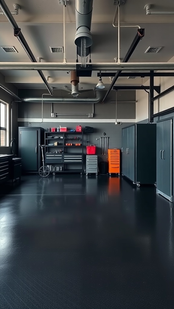A garage with dark epoxy flooring and industrial elements.