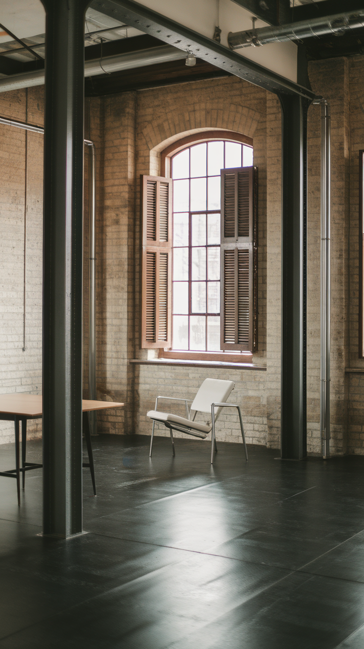A spacious industrial room featuring matte black epoxy flooring, exposed brick walls, and large windows.