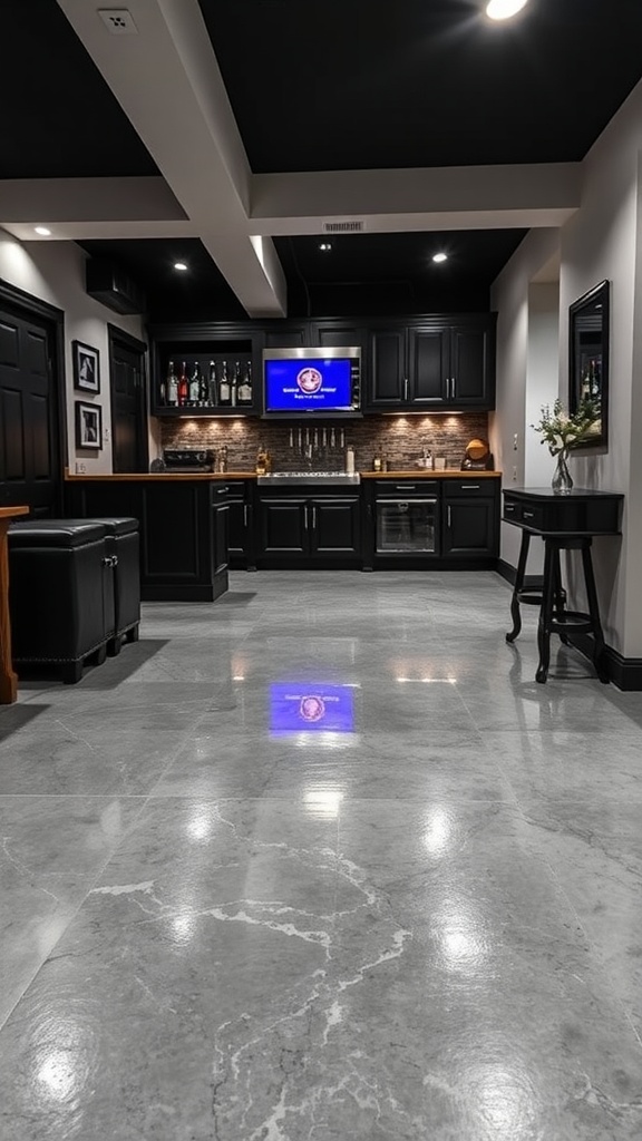 Stylish industrial basement with polished epoxy floor and dark cabinetry.