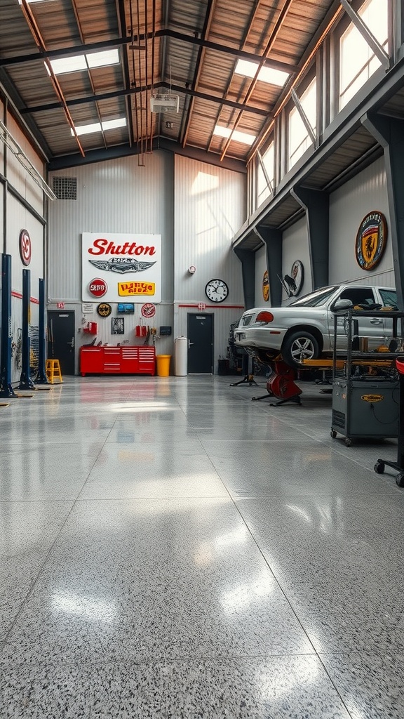 Modern workshop with sleek epoxy flooring, showcasing industrial design elements.