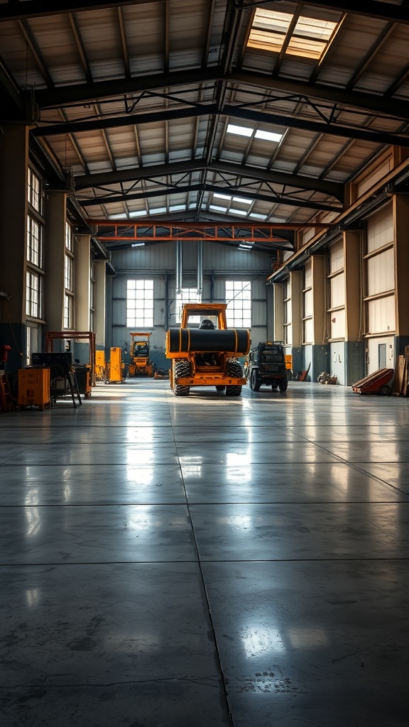 Spacious industrial warehouse with glossy epoxy flooring and organized equipment