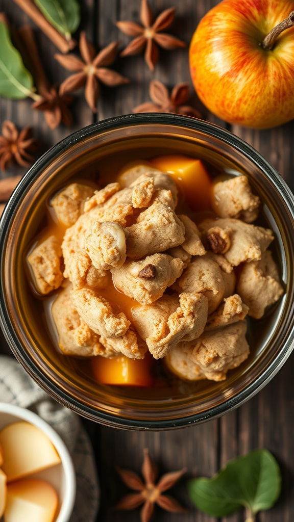 A bowl of dough preparing for candy apple cookies, surrounded by spices and decorative elements.