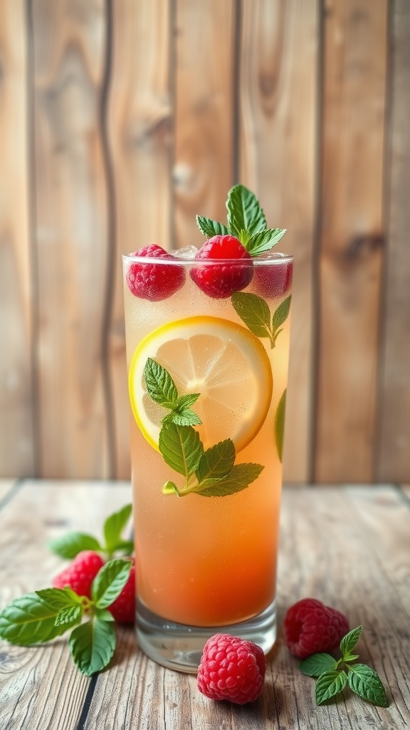 A refreshing glass of raspberry peach lemonade garnished with mint leaves and raspberries.
