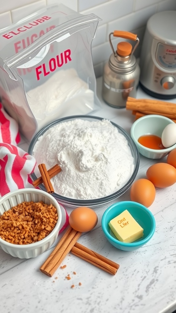 Ingredients for cinnamon sugar donut muffins including flour, sugar, eggs, and cinnamon.