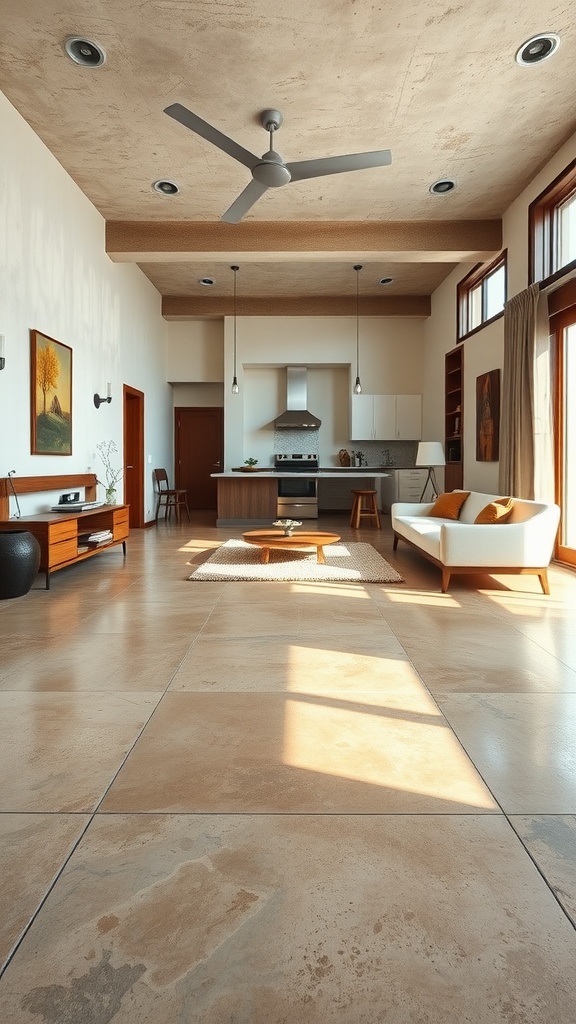 Modern living room featuring tan concrete flooring and minimalist decor.
