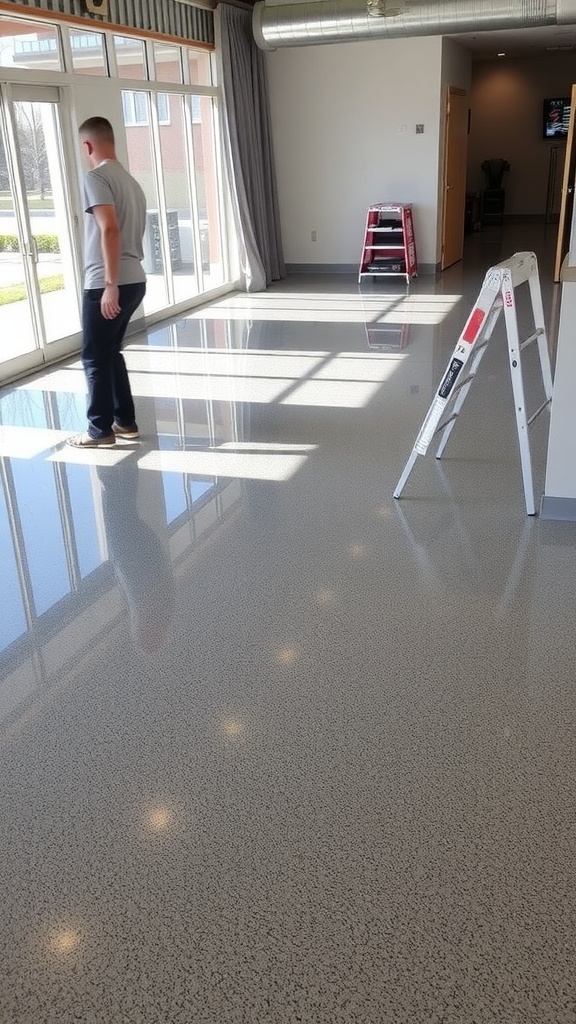 Modern interior space with glossy epoxy flooring reflecting lights and surroundings.