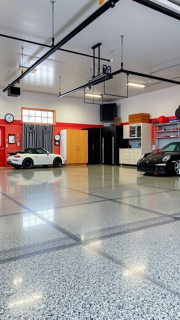 A modern garage featuring a polished epoxy floor and stylish decor.