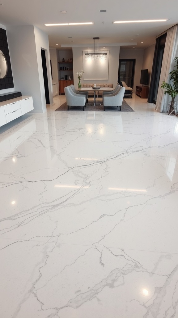 A stylish living room with sleek white and grey epoxy flooring.