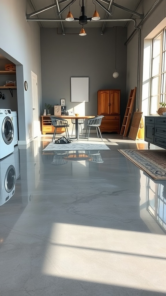 A modern living space with gray epoxy flooring, featuring a dining table, chairs, and laundry area.