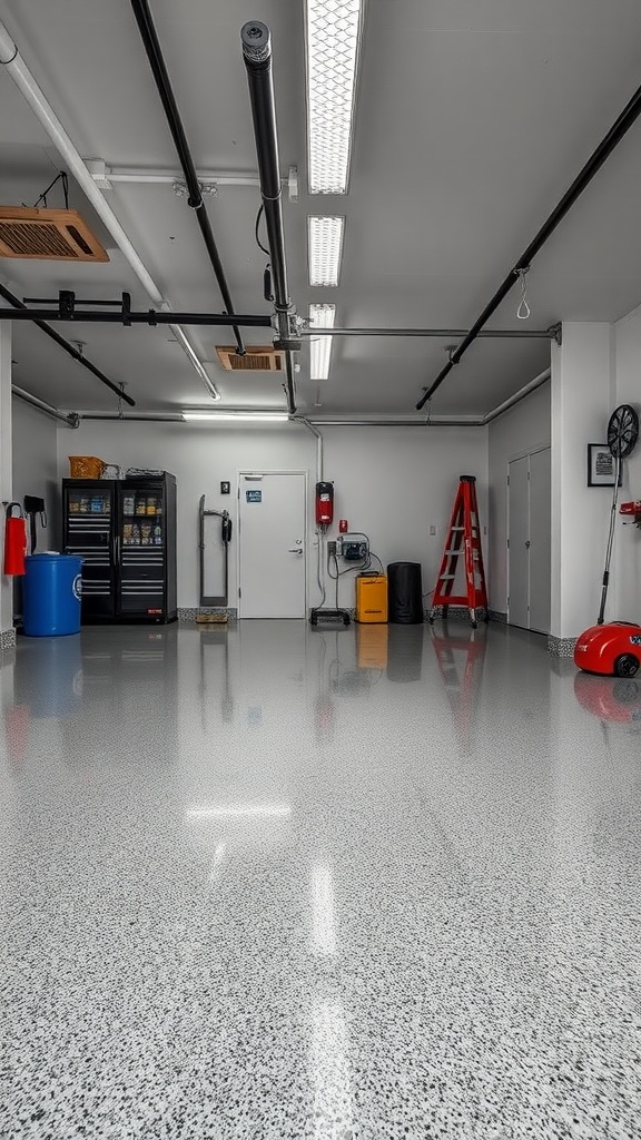 Seamless epoxy garage floor reflecting light with storage in background