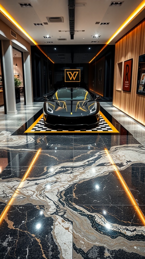 A luxurious commercial space featuring glossy marble-like epoxy flooring and a sports car, showcasing innovative flooring solutions.