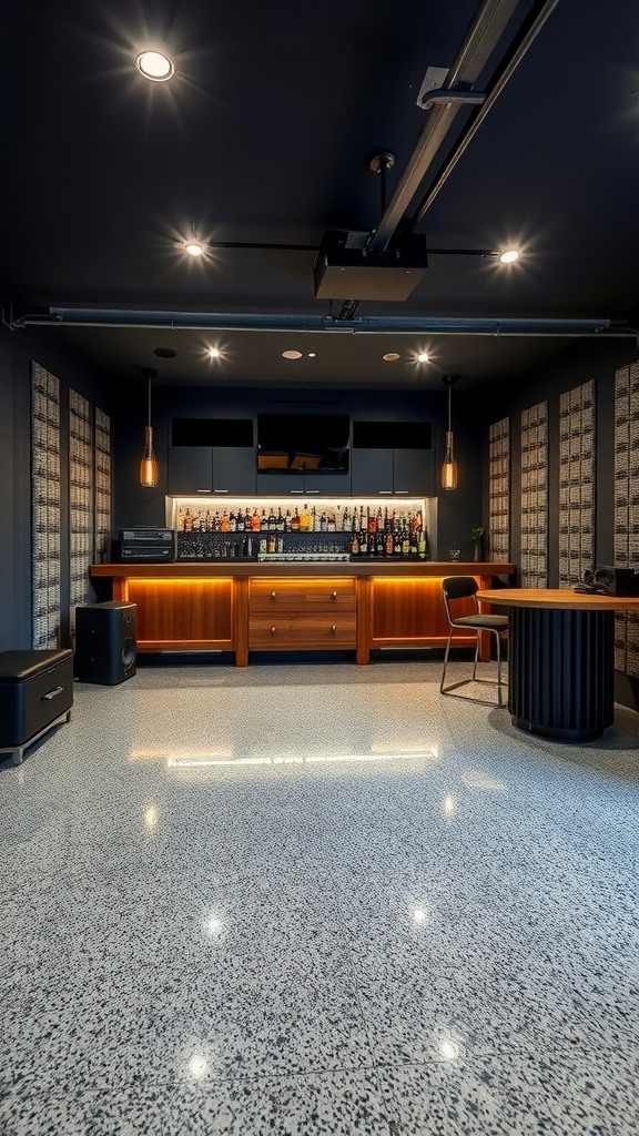A stylish garage bar with a polished epoxy floor and neon signage.