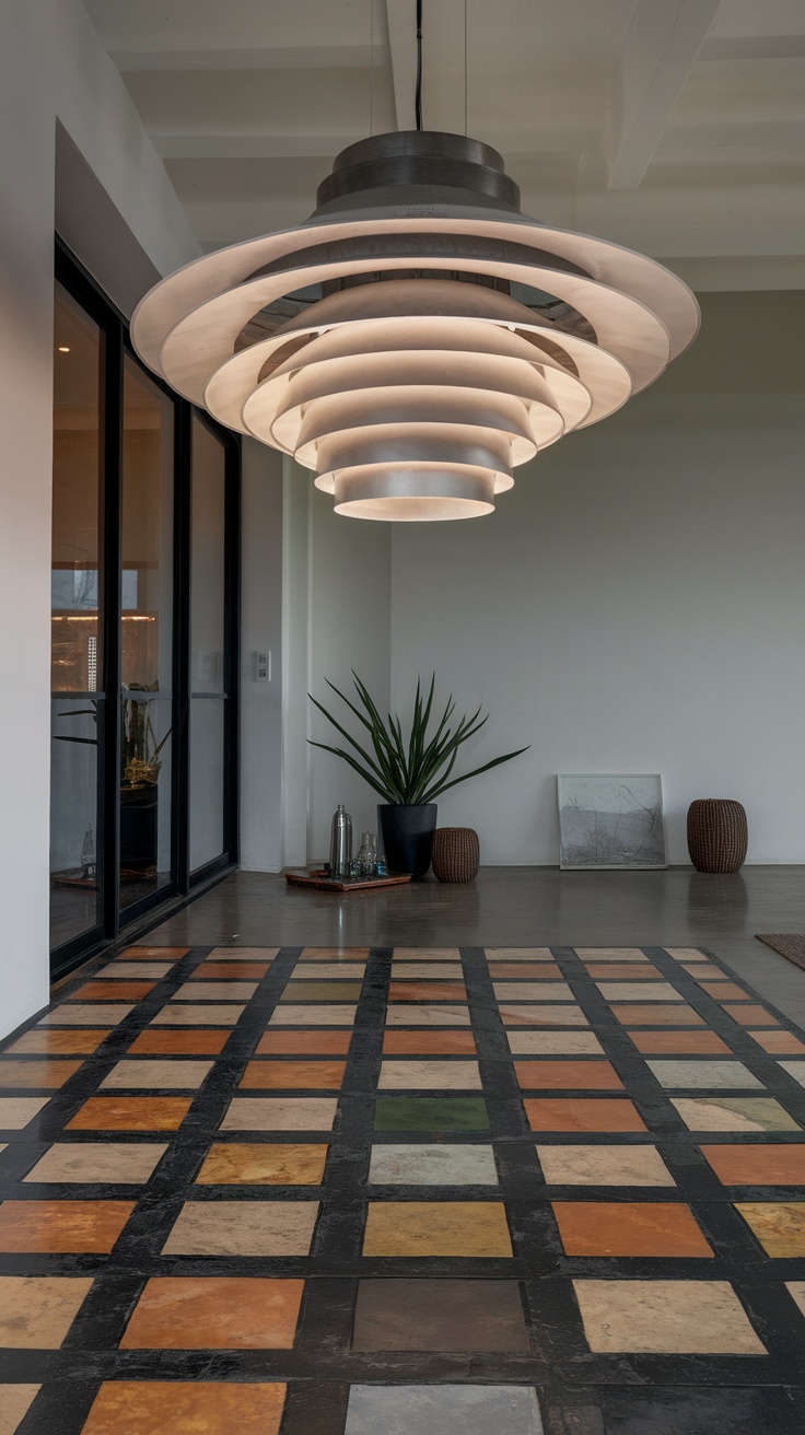 A modern lighting fixture over a stylish, patterned epoxy floor.